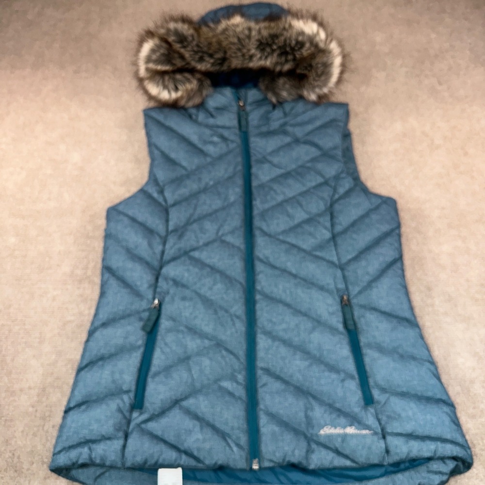 Eddie Bauer Womens Teal Blue Quilted Puffer Vest Faux Fur Trim Hood Small